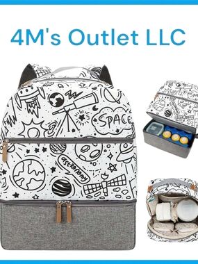 Kids Space-Themed Dual Compartment Lunch Backpack - White & Gray